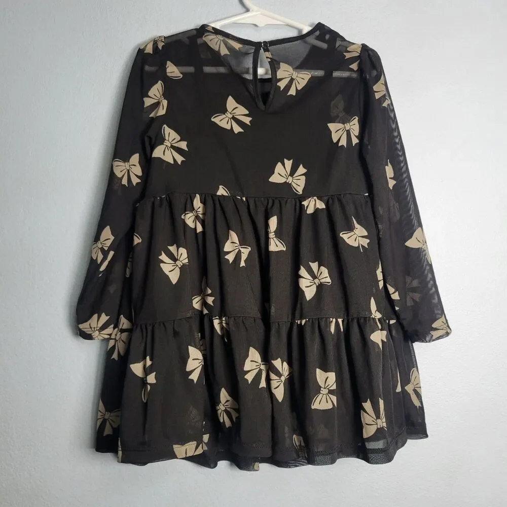 Baby Gap Girls 4T Babydoll Dress Tiered Mesh Black Tan Bow Print Long Sleeve